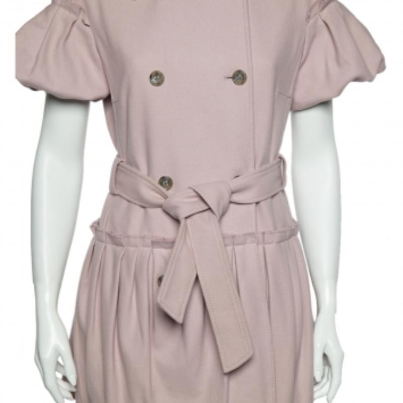 RED Valentino Pink Wool Pleated Detailed Double Breasted Belted Coat S In Good Condition In Dubai, Al Qouz 2