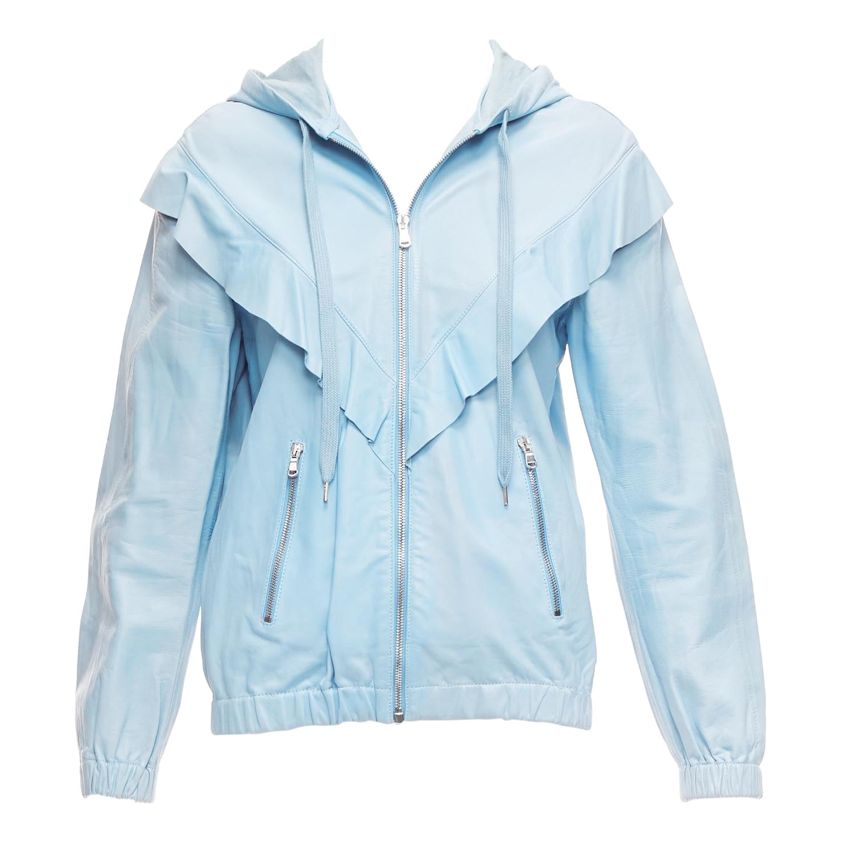 RED VALENTINO chaqueta con capucha de piel de cordero azul polvo con volantes IT40 S en venta