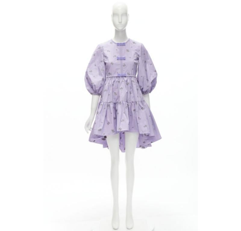 RED VALENTINO purple floral embroidery bow puff sleeve babydoll dress IT36 XS For Sale 7