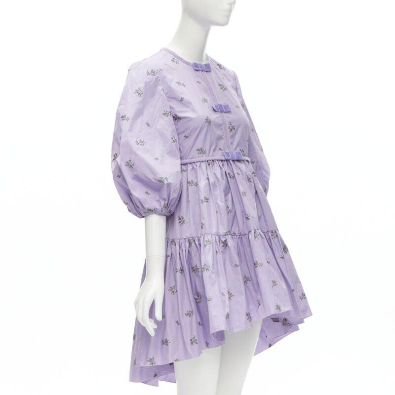 Purple RED VALENTINO purple floral embroidery bow puff sleeve babydoll dress IT36 XS For Sale