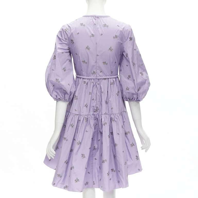 RED VALENTINO purple floral embroidery bow puff sleeve babydoll dress IT36 XS For Sale 1