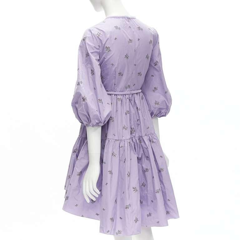 RED VALENTINO purple floral embroidery bow puff sleeve babydoll dress IT36 XS For Sale 2