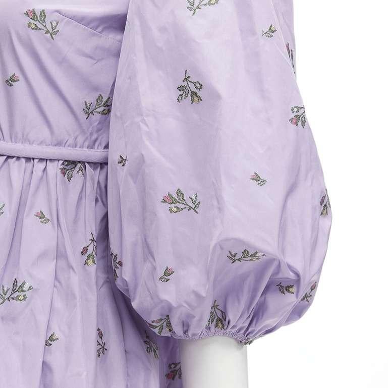RED VALENTINO purple floral embroidery bow puff sleeve babydoll dress IT36 XS For Sale 3