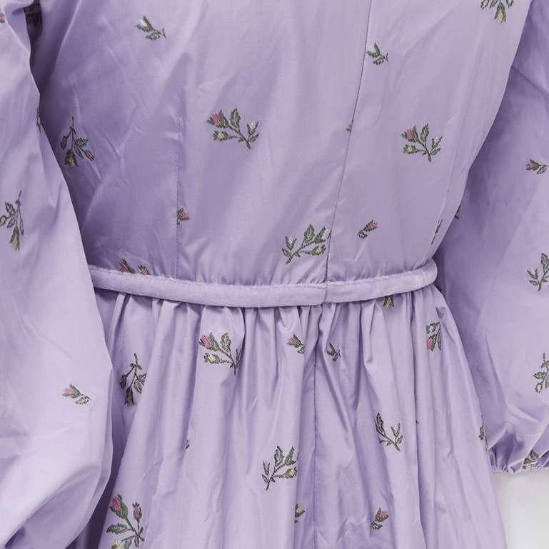 RED VALENTINO purple floral embroidery bow puff sleeve babydoll dress IT36 XS For Sale 5