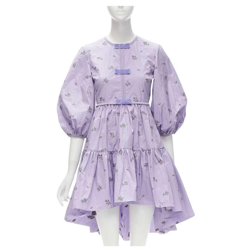 RED VALENTINO purple floral embroidery bow puff sleeve babydoll dress IT36 XS For Sale