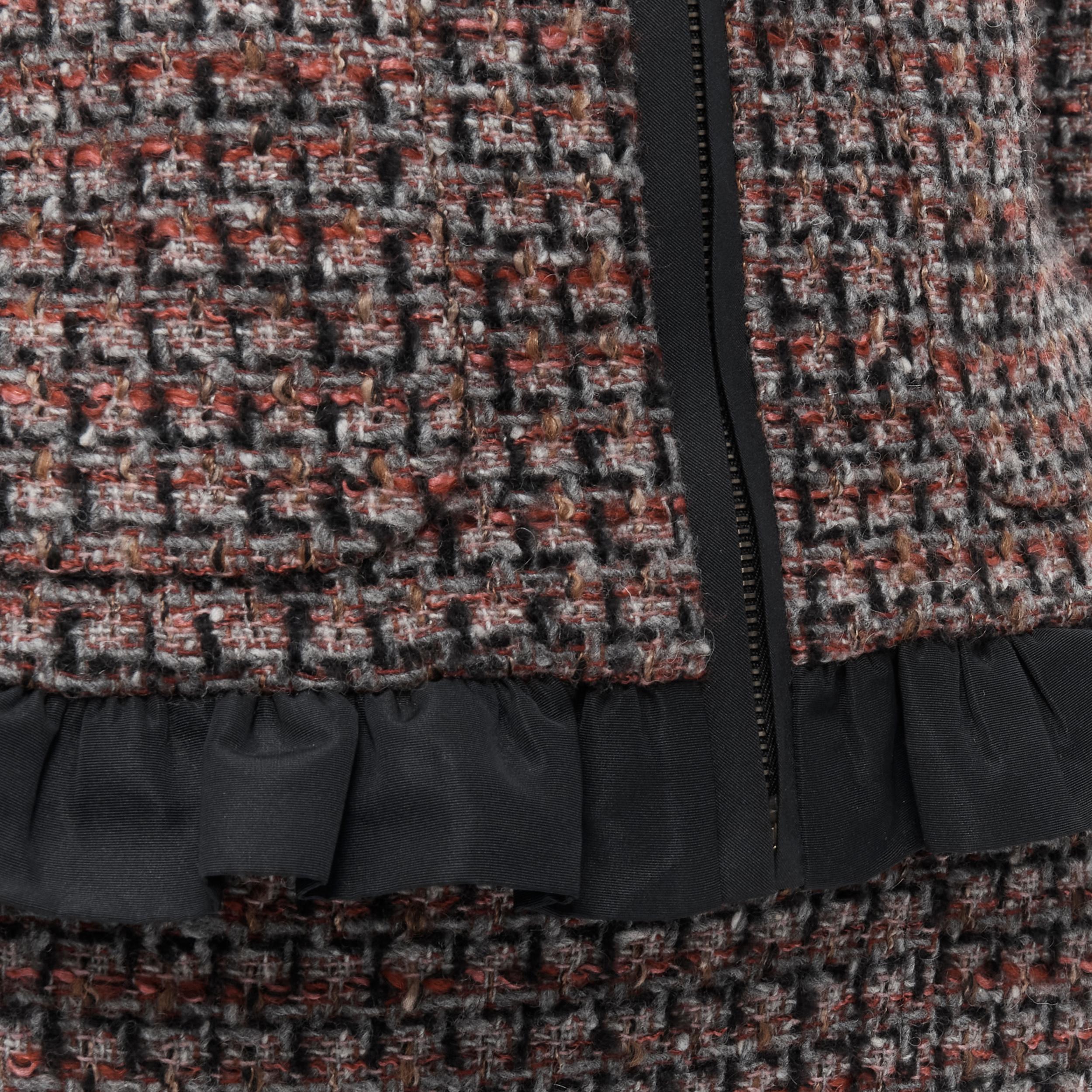 RED VALENTINO red grey wool tweed black ruffle trim jacket skirt set For Sale 3
