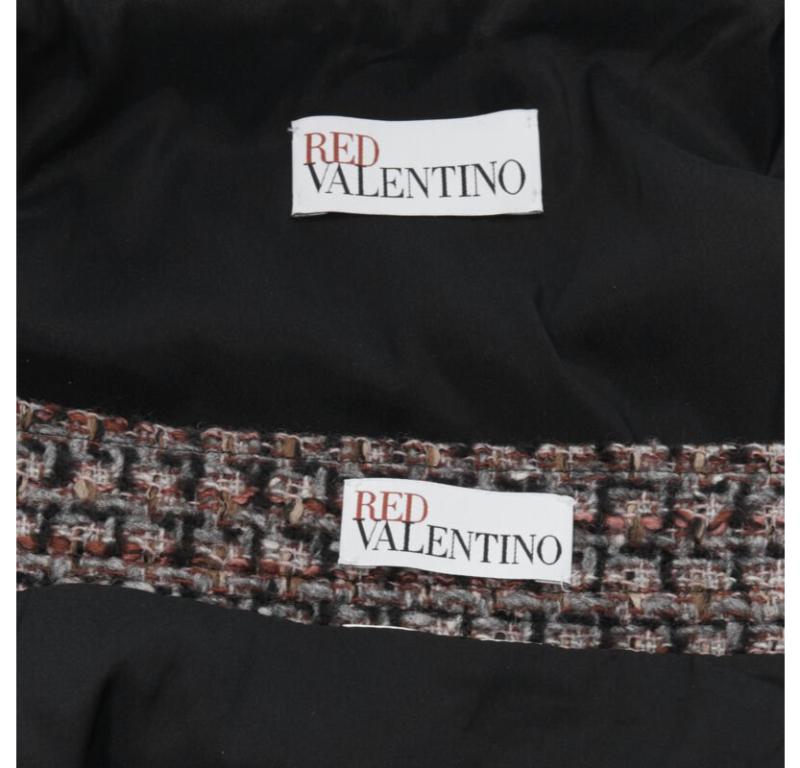 RED VALENTINO red grey wool tweed black ruffle trim jacket skirt set For Sale 6
