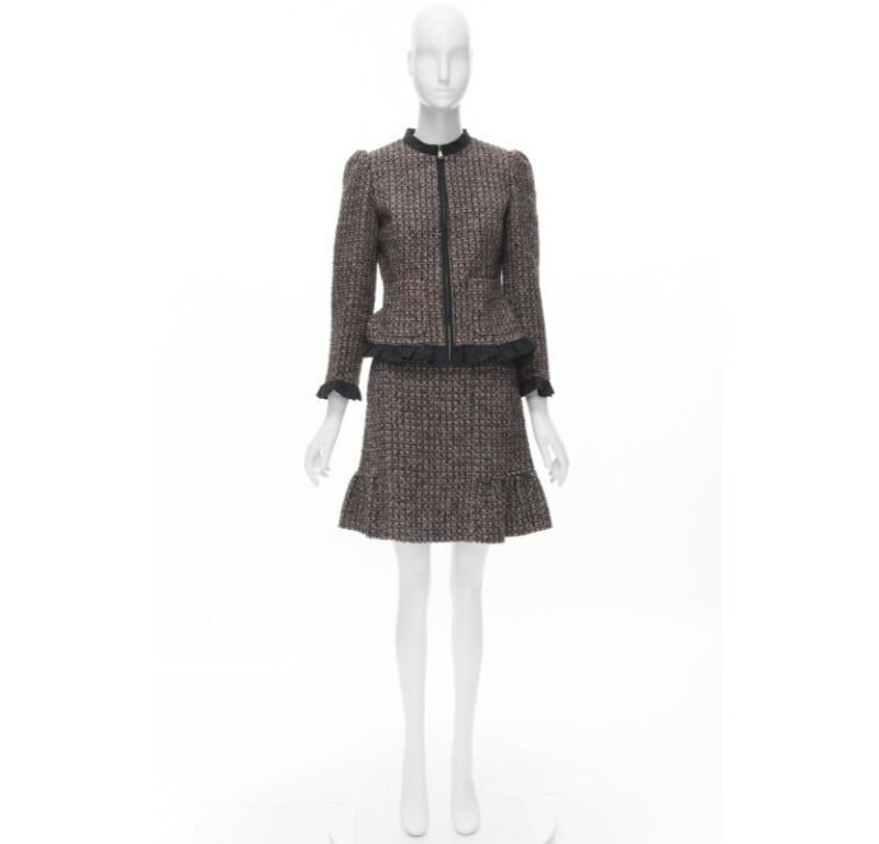 RED VALENTINO red grey wool tweed black ruffle trim jacket skirt set For Sale 7