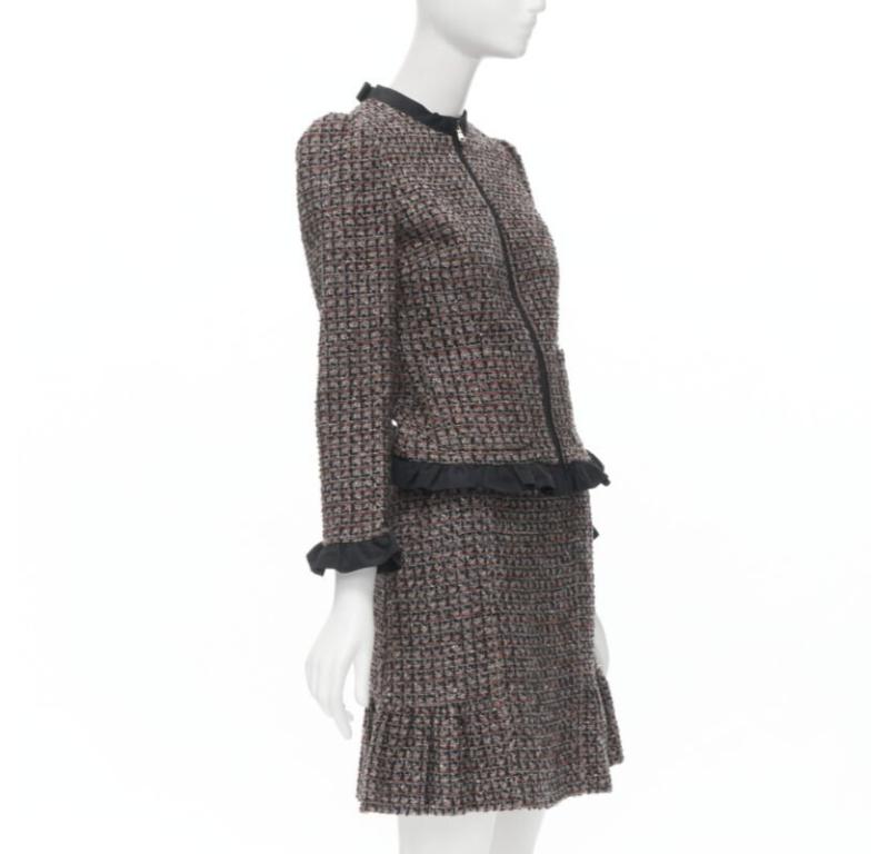 Gray RED VALENTINO red grey wool tweed black ruffle trim jacket skirt set For Sale