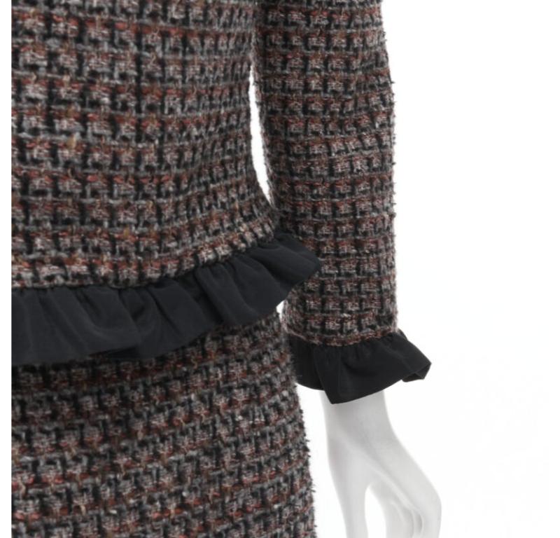 RED VALENTINO red grey wool tweed black ruffle trim jacket skirt set For Sale 3