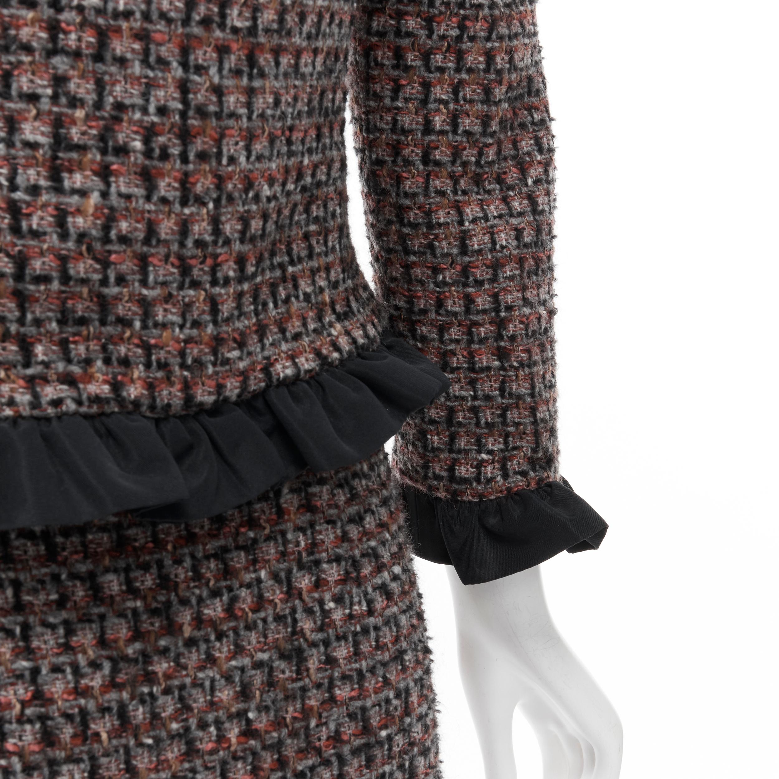 RED VALENTINO red grey wool tweed black ruffle trim jacket skirt set For Sale 2