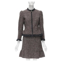 RED VALENTINO red grey wool tweed black ruffle trim jacket skirt set