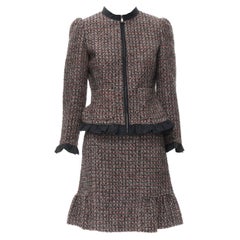 RED VALENTINO red grey wool tweed black ruffle trim jacket skirt set
