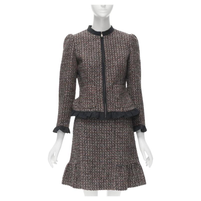 RED VALENTINO red grey wool tweed black ruffle trim jacket skirt set For Sale