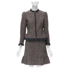 RED VALENTINO red grey wool tweed black ruffle trim jacket skirt set