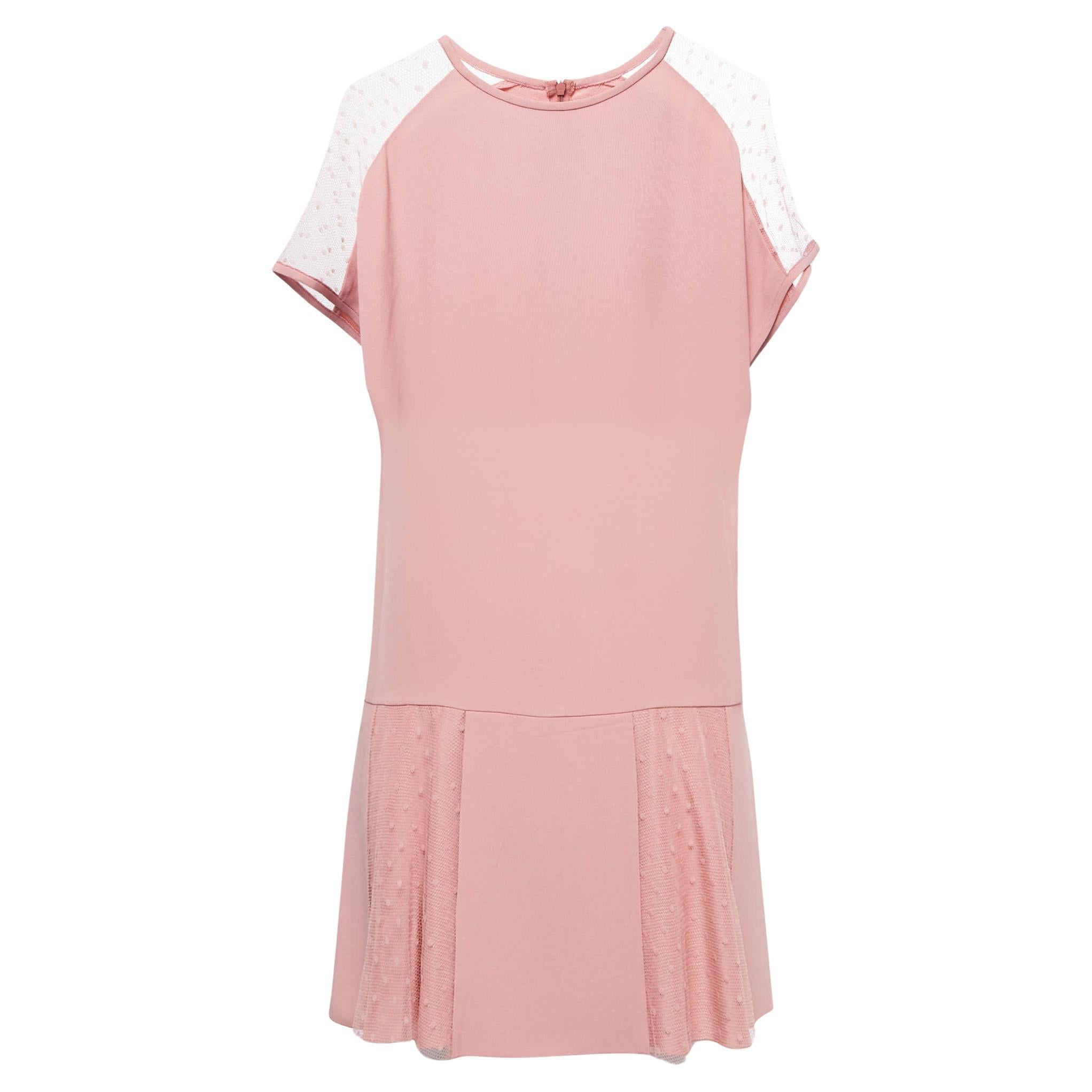 RED Valentino Salmon Pink Crepe & Tulle Shift Dress S For Sale