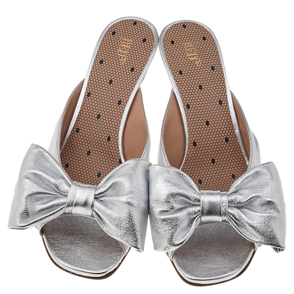 Gray RED Valentino Silver Leather Bow Slide Sandals Size EU 37