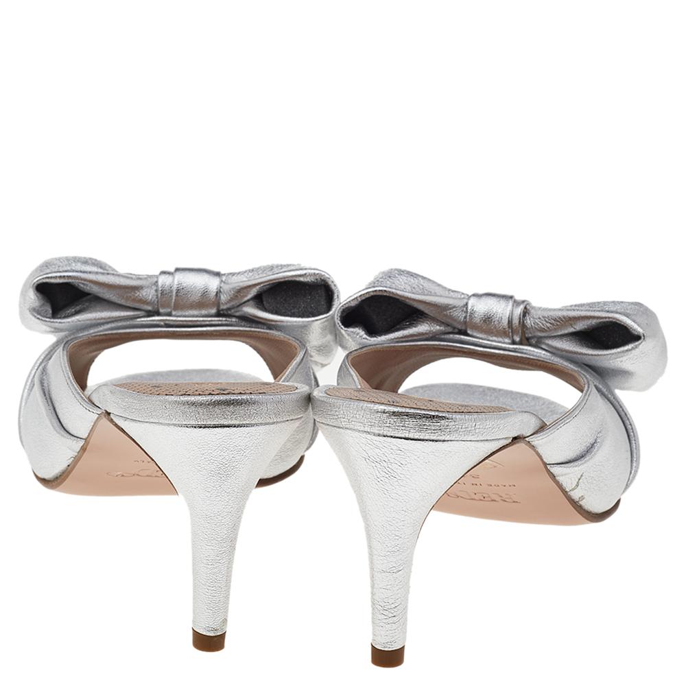 Women's RED Valentino Silver Leather Bow Slide Sandals Size EU 37