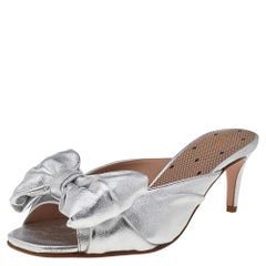 RED Valentino Silver Leather Bow Slide Sandals Size EU 37