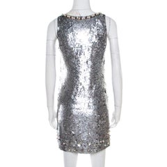 Red Valentino Silver Sequined Pearl Embellished Sleeveless Mini Shift Dress S