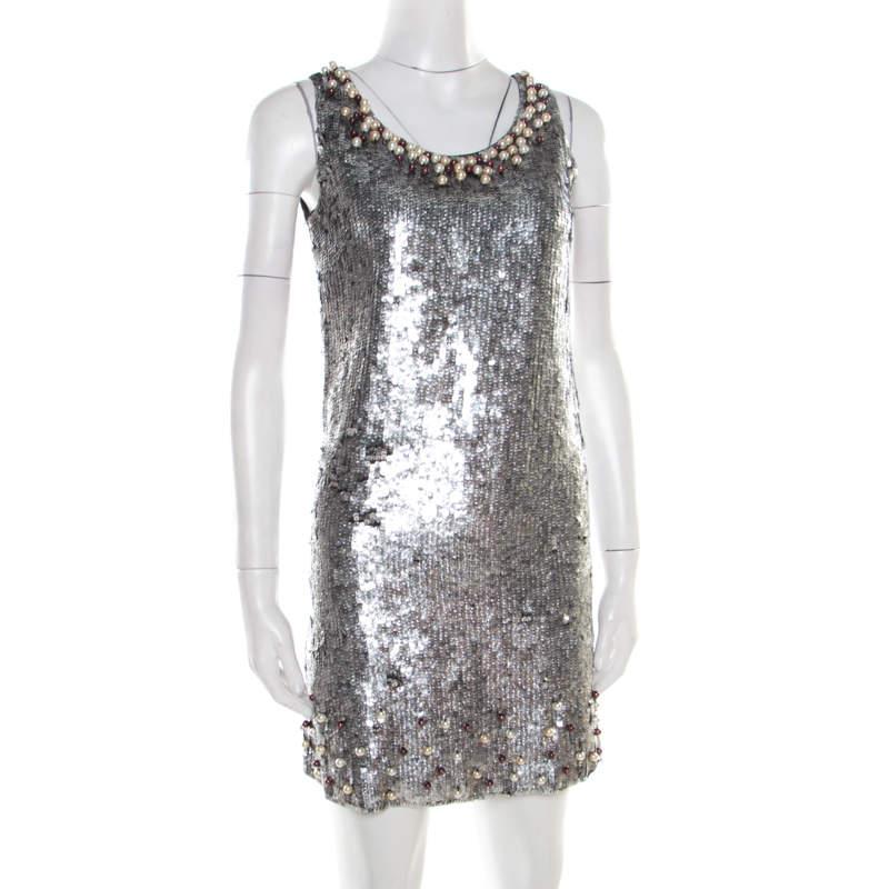 Red Valentino Silver Sequined Pearl Embellished Sleeveless Mini Shift Dress S For Sale 2