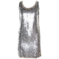 Red Valentino Silver Sequined Pearl Embellished Sleeveless Mini Shift Dress S