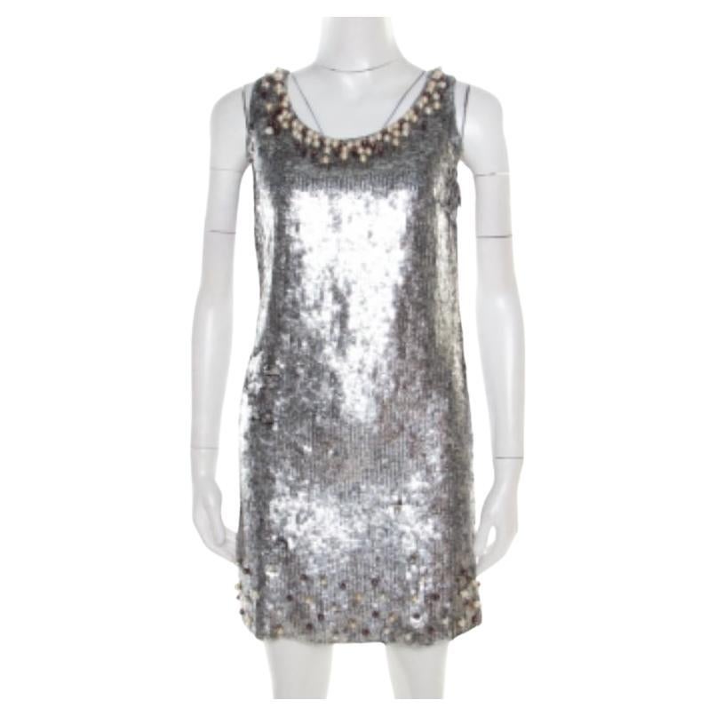 Red Valentino Silver Sequined Pearl Embellished Sleeveless Mini Shift Dress S en vente