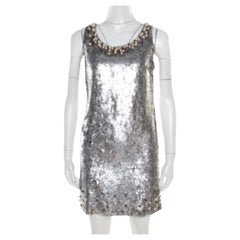Red Valentino Silver Sequined Pearl Embellished Sleeveless Mini Shift Dress S