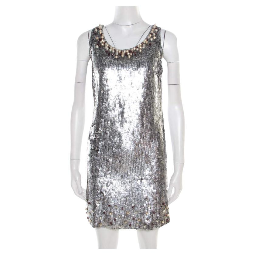 Red Valentino Silver Sequined Pearl Embellished Sleeveless Mini Shift Dress S For Sale