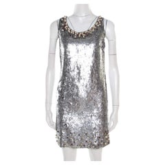 Red Valentino Silver Sequined Pearl Embellished Sleeveless Mini Shift Dress S