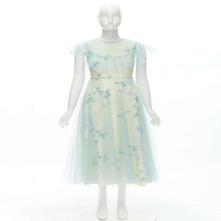 RED VALENTINO teal blue ruffle tulle yellow floral lined gown dress IT38 XS 7