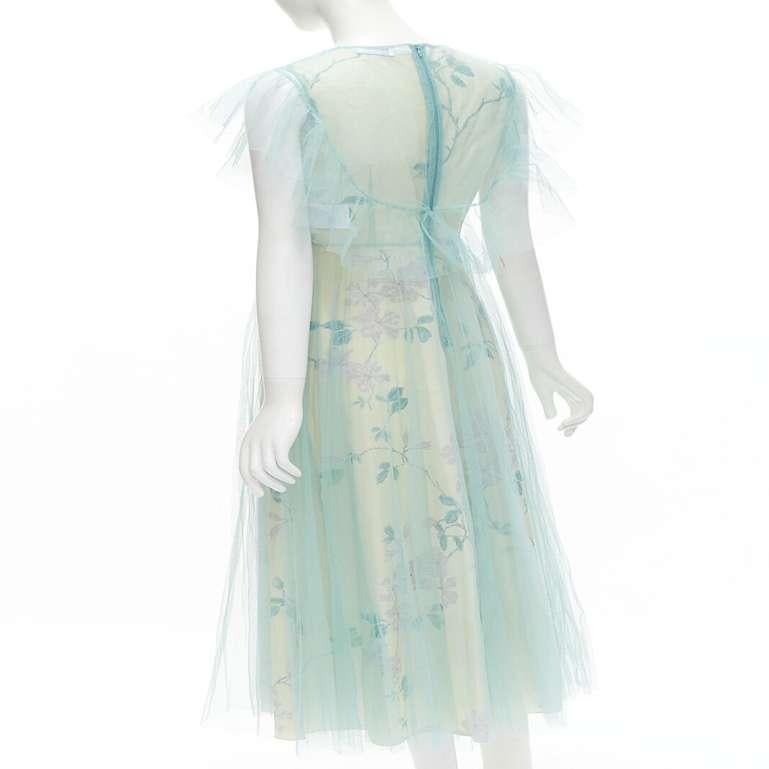 RED VALENTINO teal blue ruffle tulle yellow floral lined gown dress IT38 XS 1