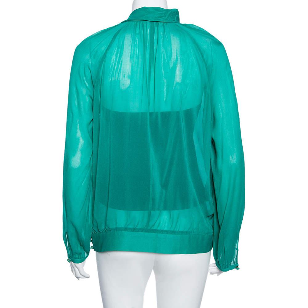 Blue RED Valentino Teal Silk Topstitch Pleated Shoulder Detail Blouse M