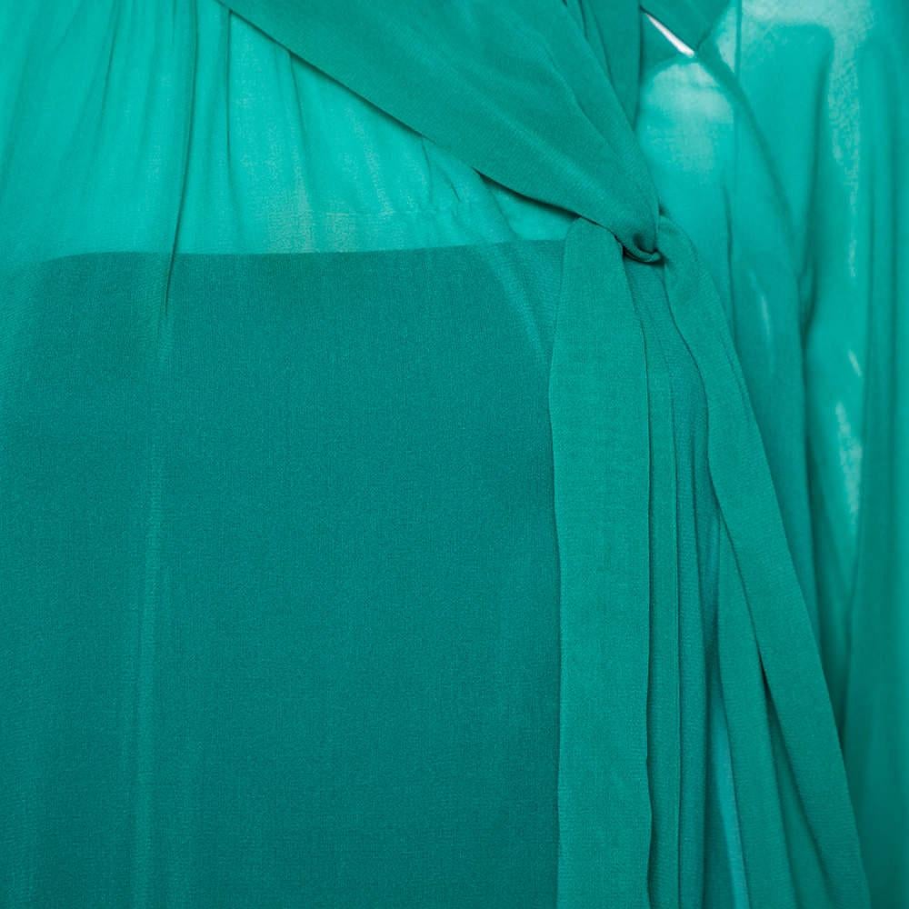RED Valentino Teal Silk Topstitch Pleated Shoulder Detail Blouse M In Good Condition In Dubai, Al Qouz 2