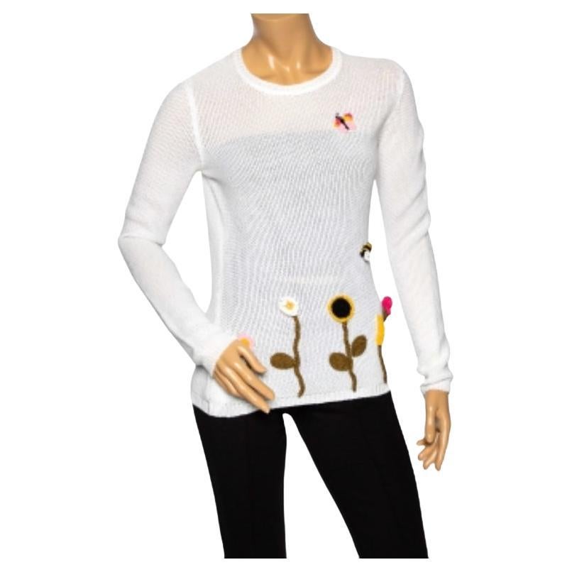 RED Valentino Maglia a maniche lunghe in cotone bianco con applicazioni floreali M. I. in vendita