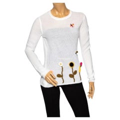 Valentino - Pull à manches longues en tricot de coton blanc avec appliques florales - M