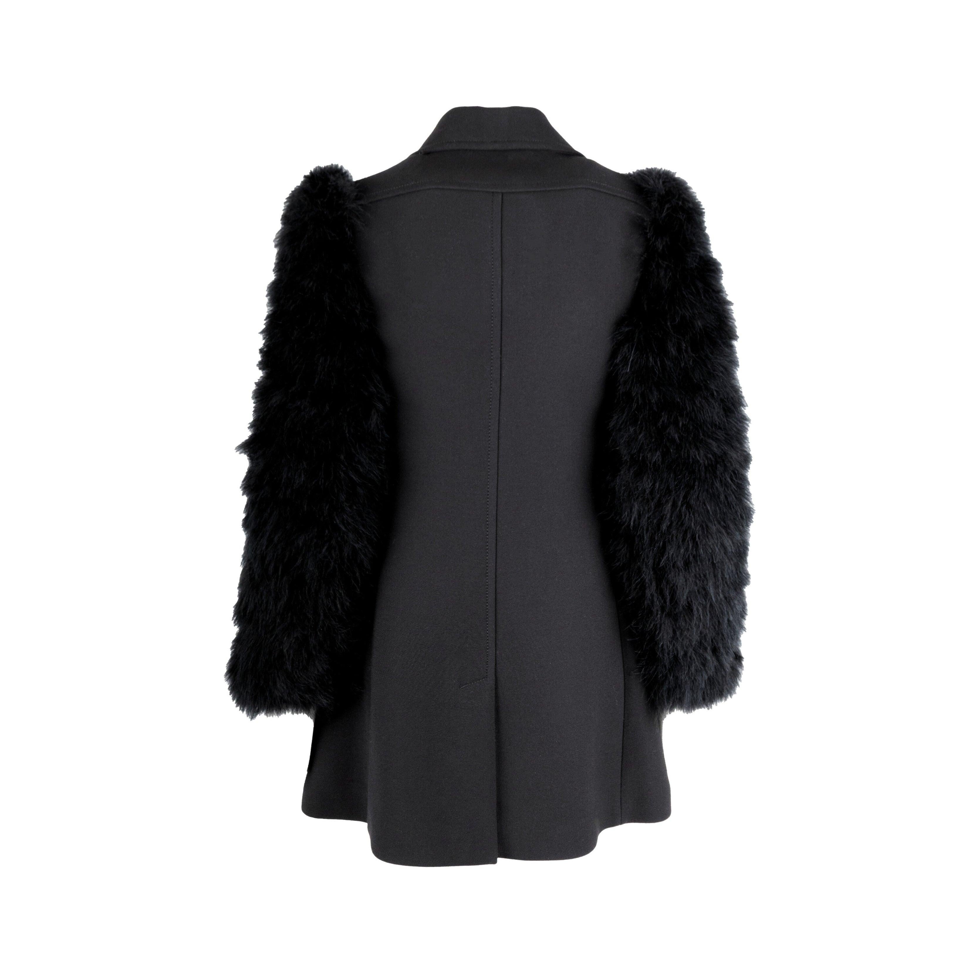 Black Red Valentino Wool Coat with Animal Feather Sleeves - '10s For Sale