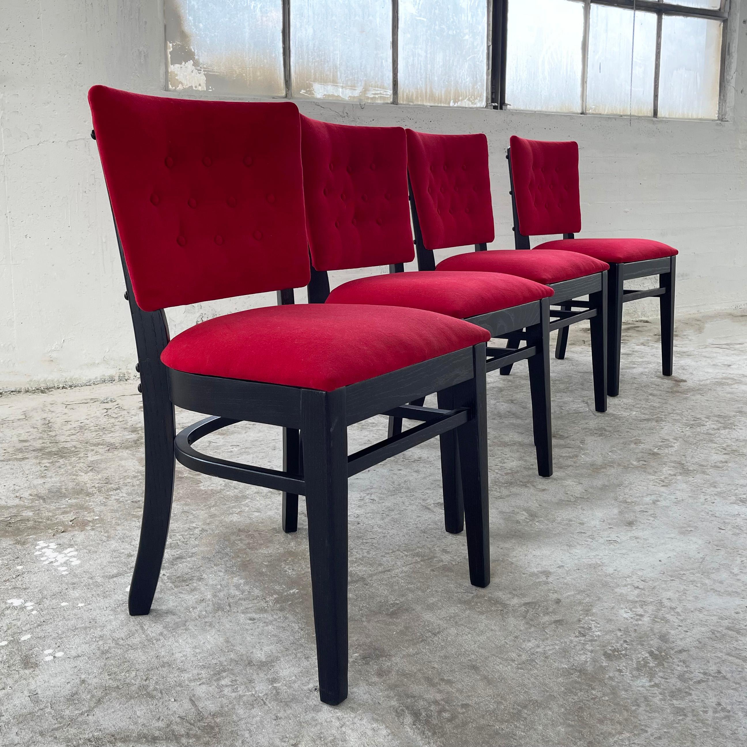Red Velvet And Ebonized Oak Café Dining Chairs For Sale 5