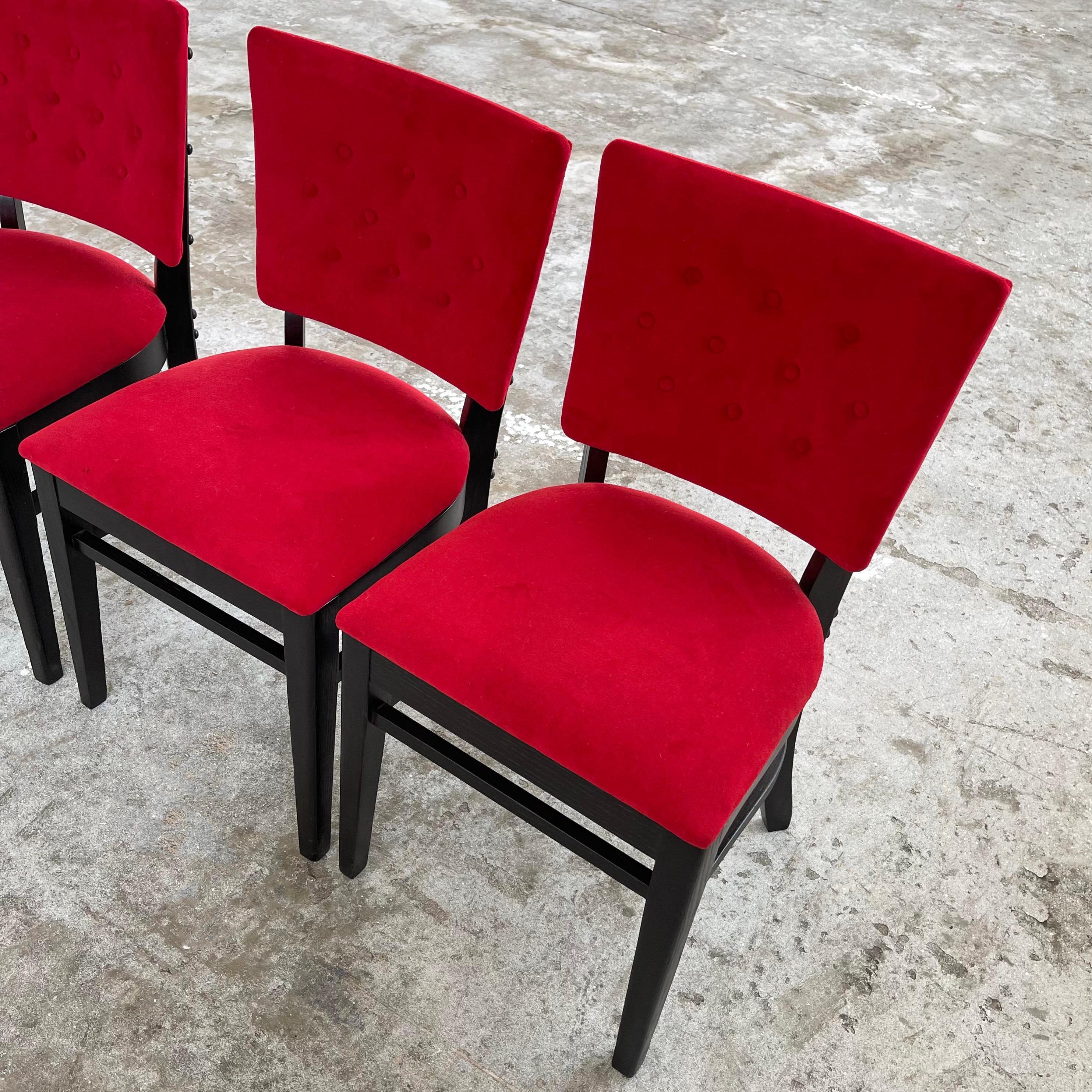 Red Velvet And Ebonized Oak Café Dining Chairs For Sale 6