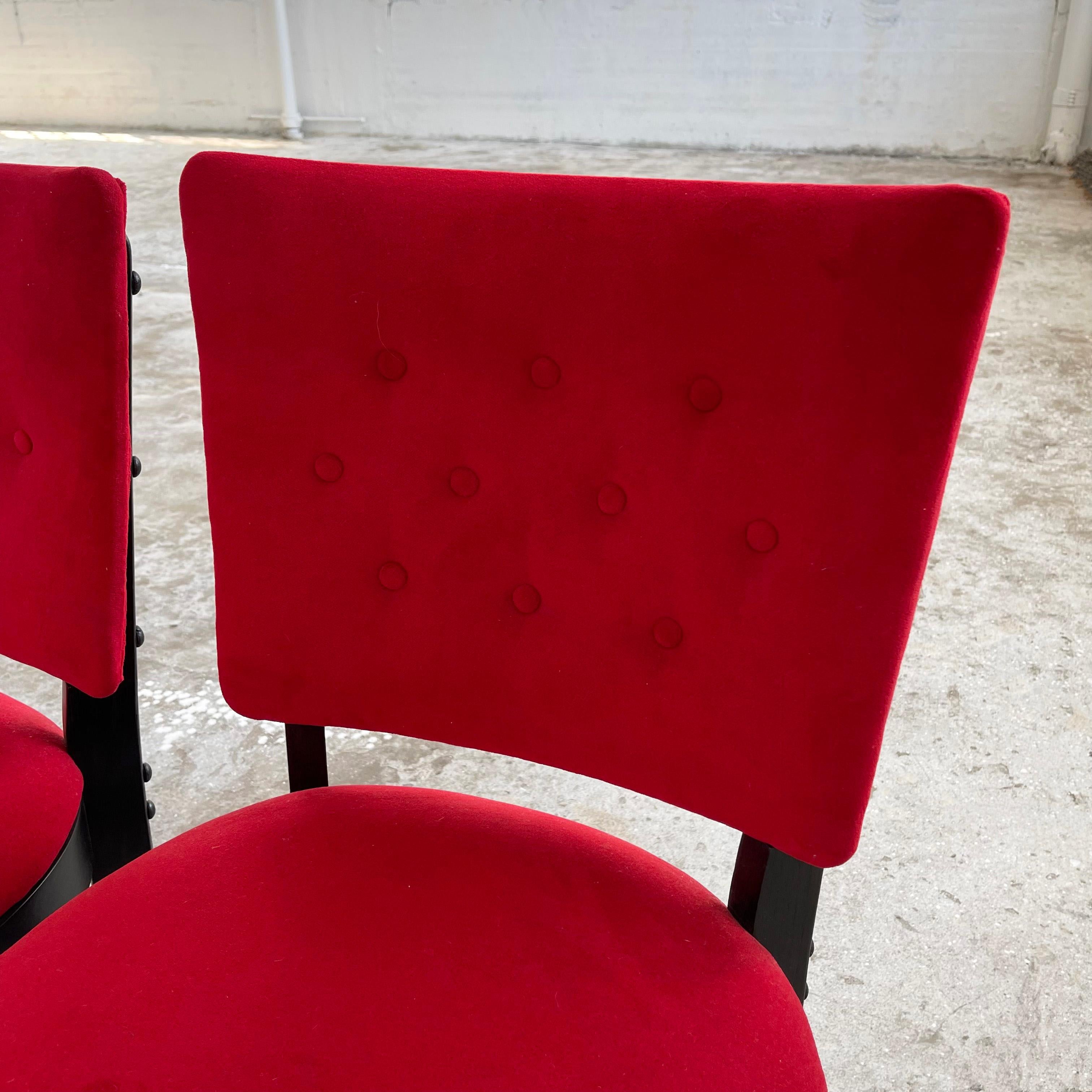 Red Velvet And Ebonized Oak Café Dining Chairs For Sale 7