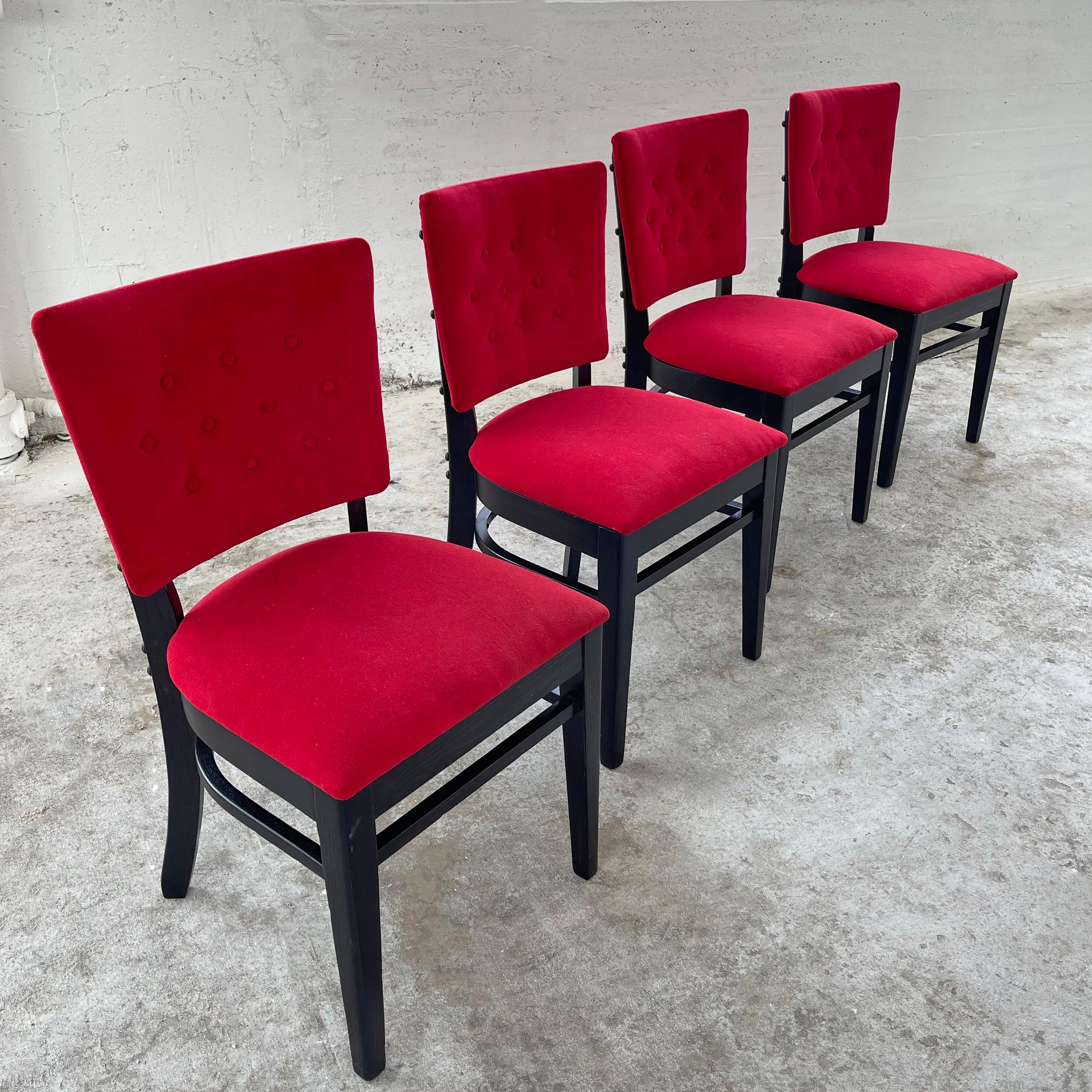 American Red Velvet And Ebonized Oak Café Dining Chairs For Sale