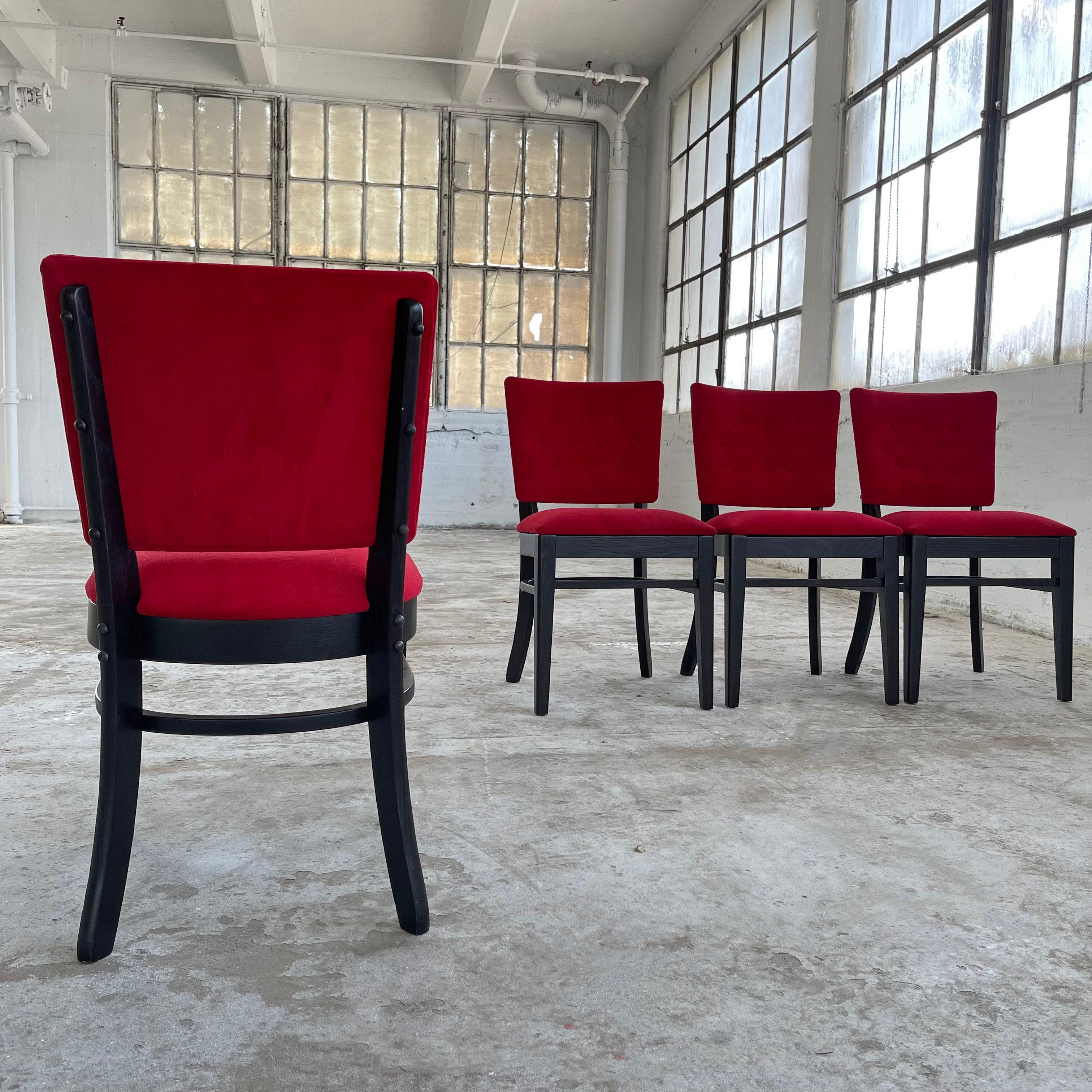 Red Velvet And Ebonized Oak Café Dining Chairs In Good Condition For Sale In Brooklyn, NY