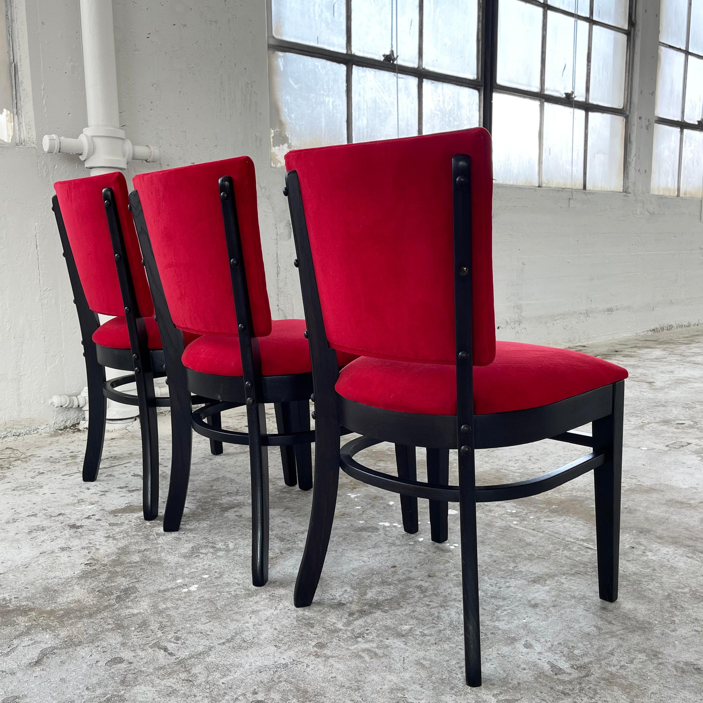 Red Velvet And Ebonized Oak Café Dining Chairs For Sale 3