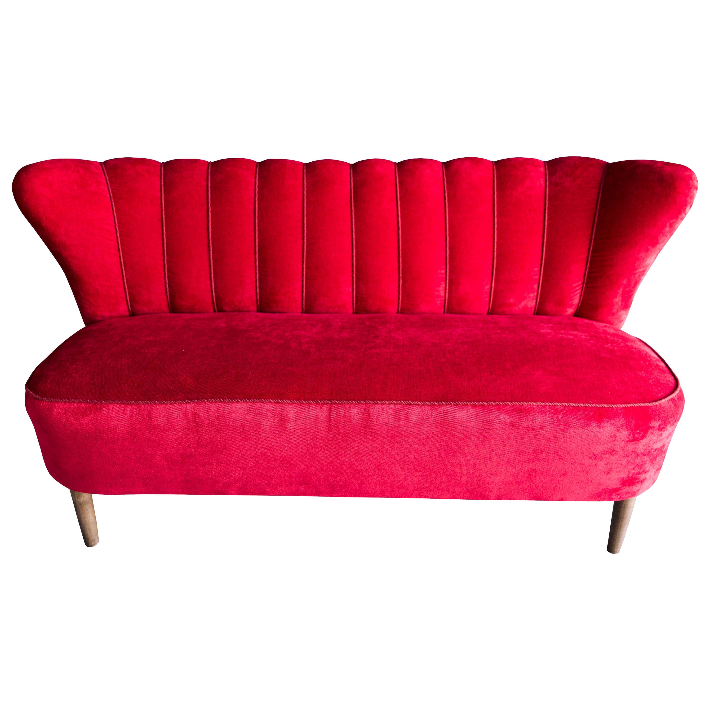 Red Velvet Club Sofa, Hollywood Regency, Germany, 1960s