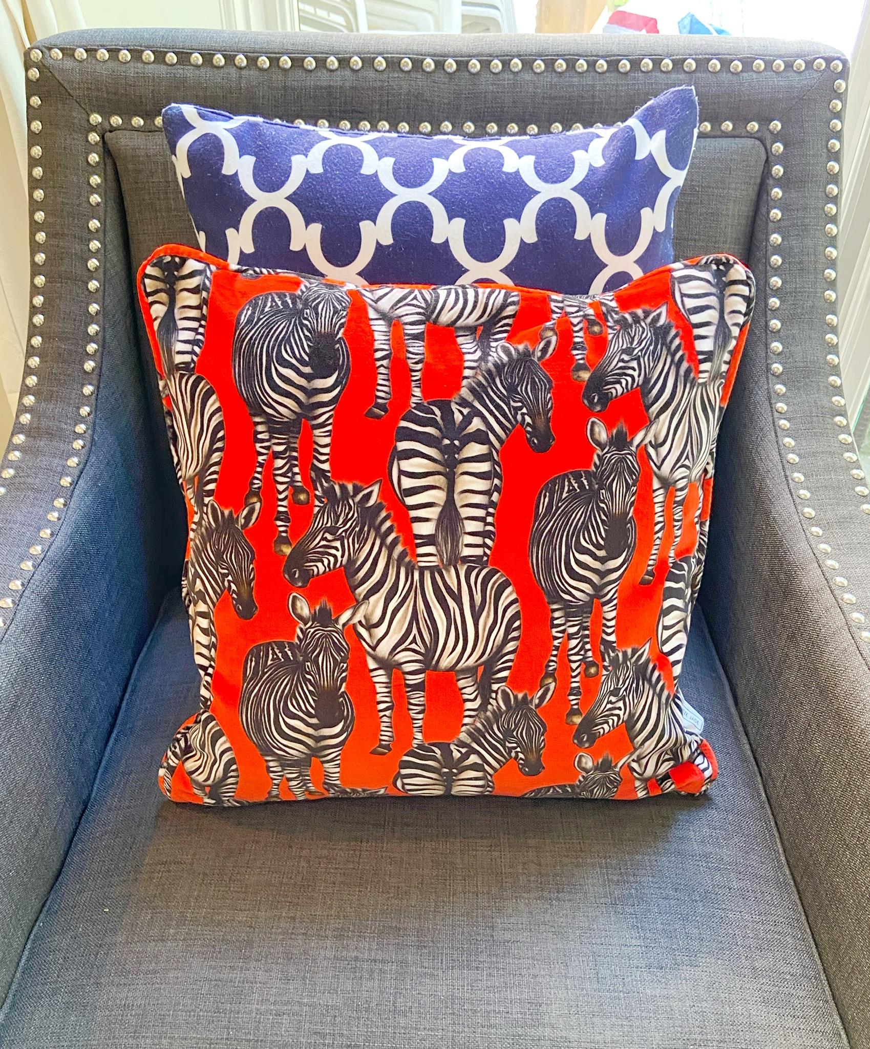 British Red Velvet Cushion Cover with Hand-Drawn Zebra Image Pillow