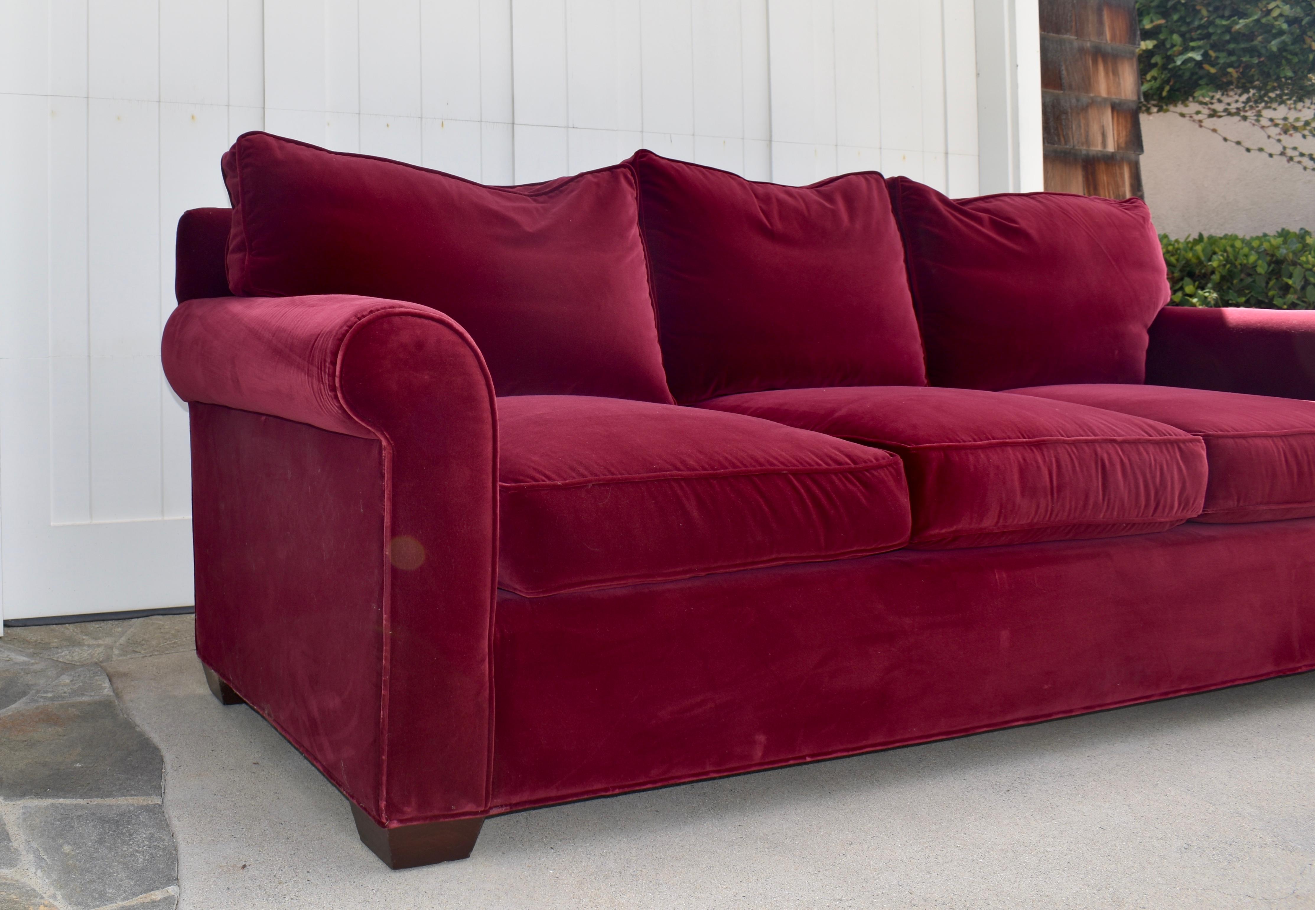 Regency Red Velvet Custom Built Decorator Three Seat Sofa