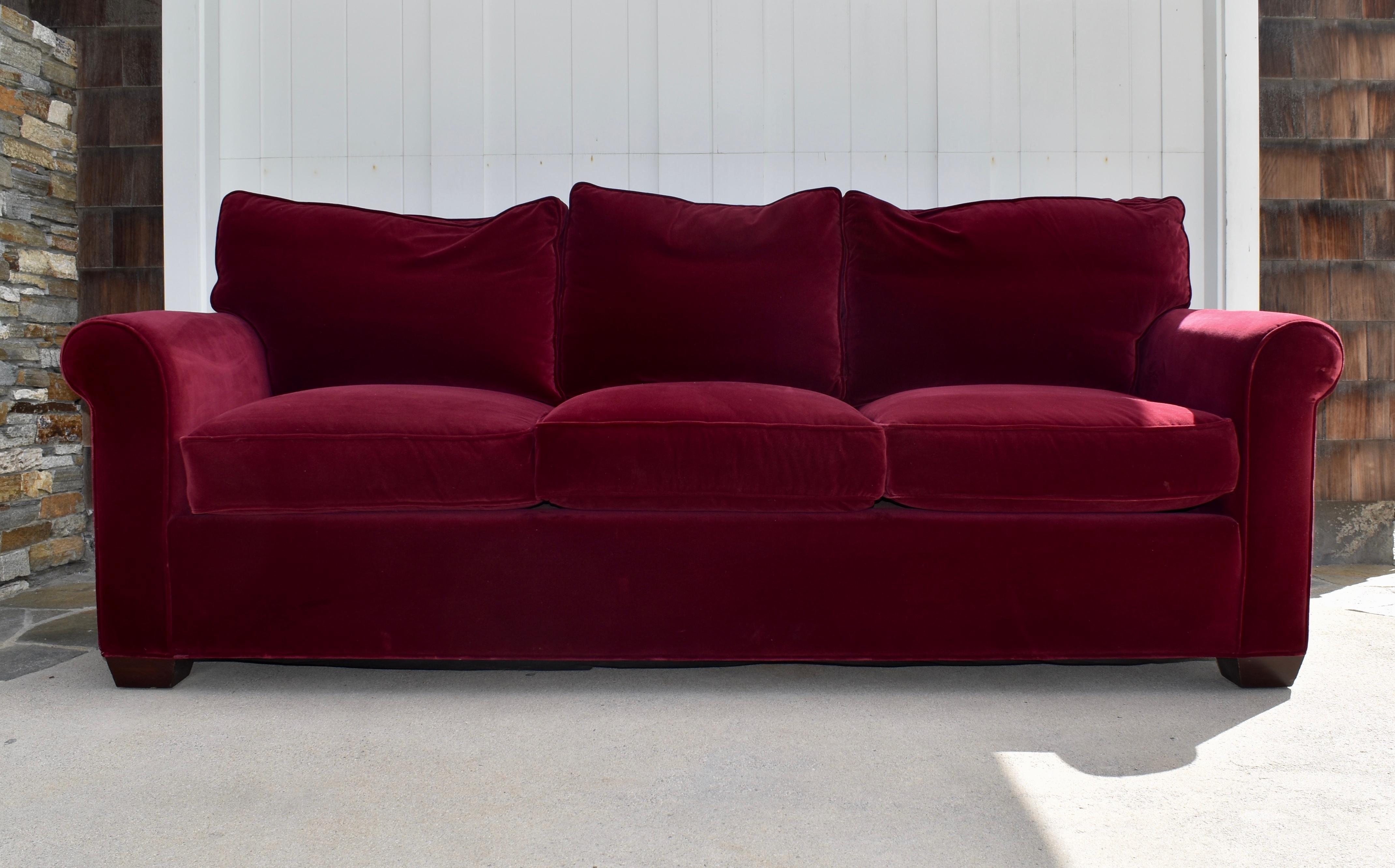 American Red Velvet Custom Built Decorator Three Seat Sofa