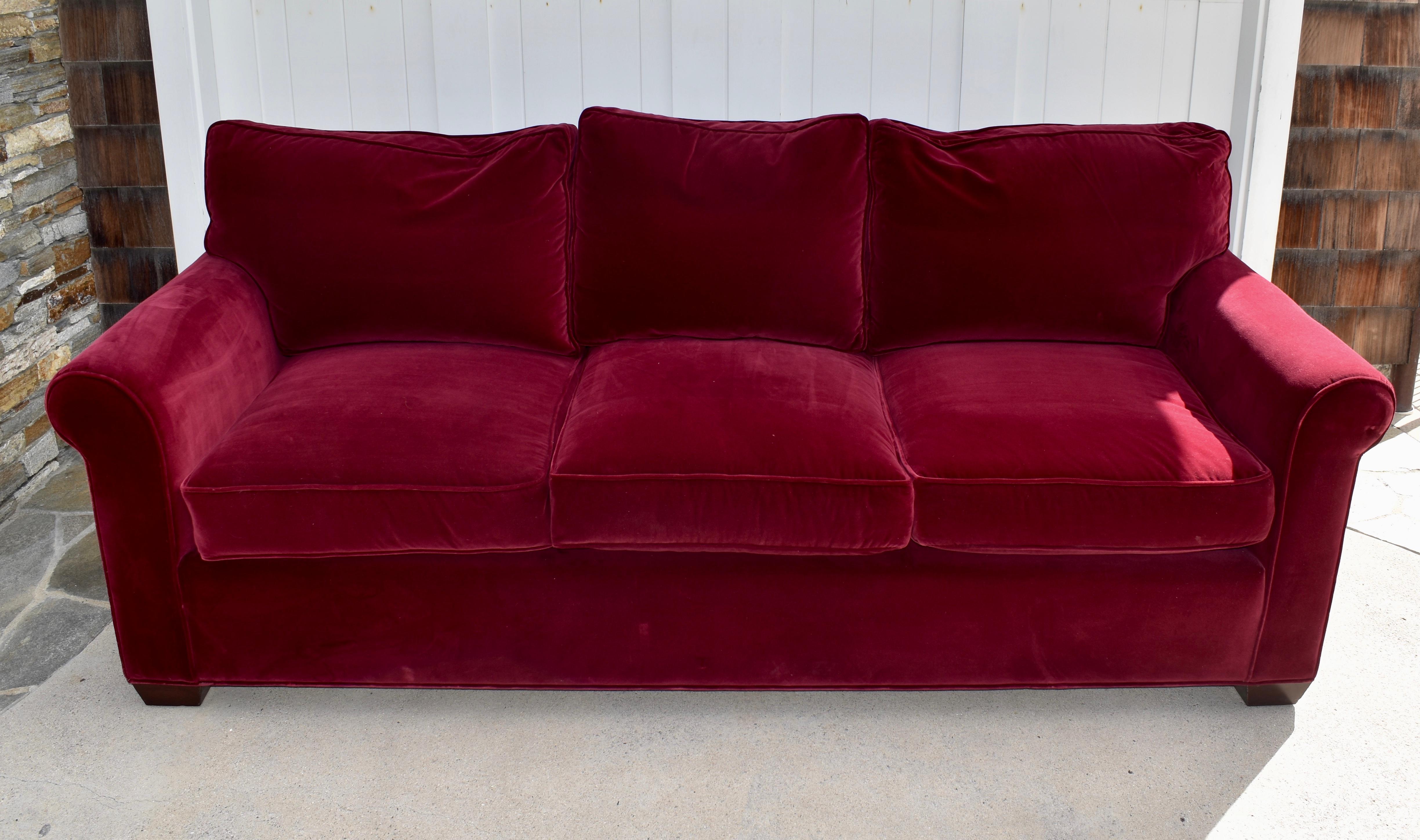 Red Velvet Custom Built Decorator Three Seat Sofa In Good Condition In Ferndale, MI
