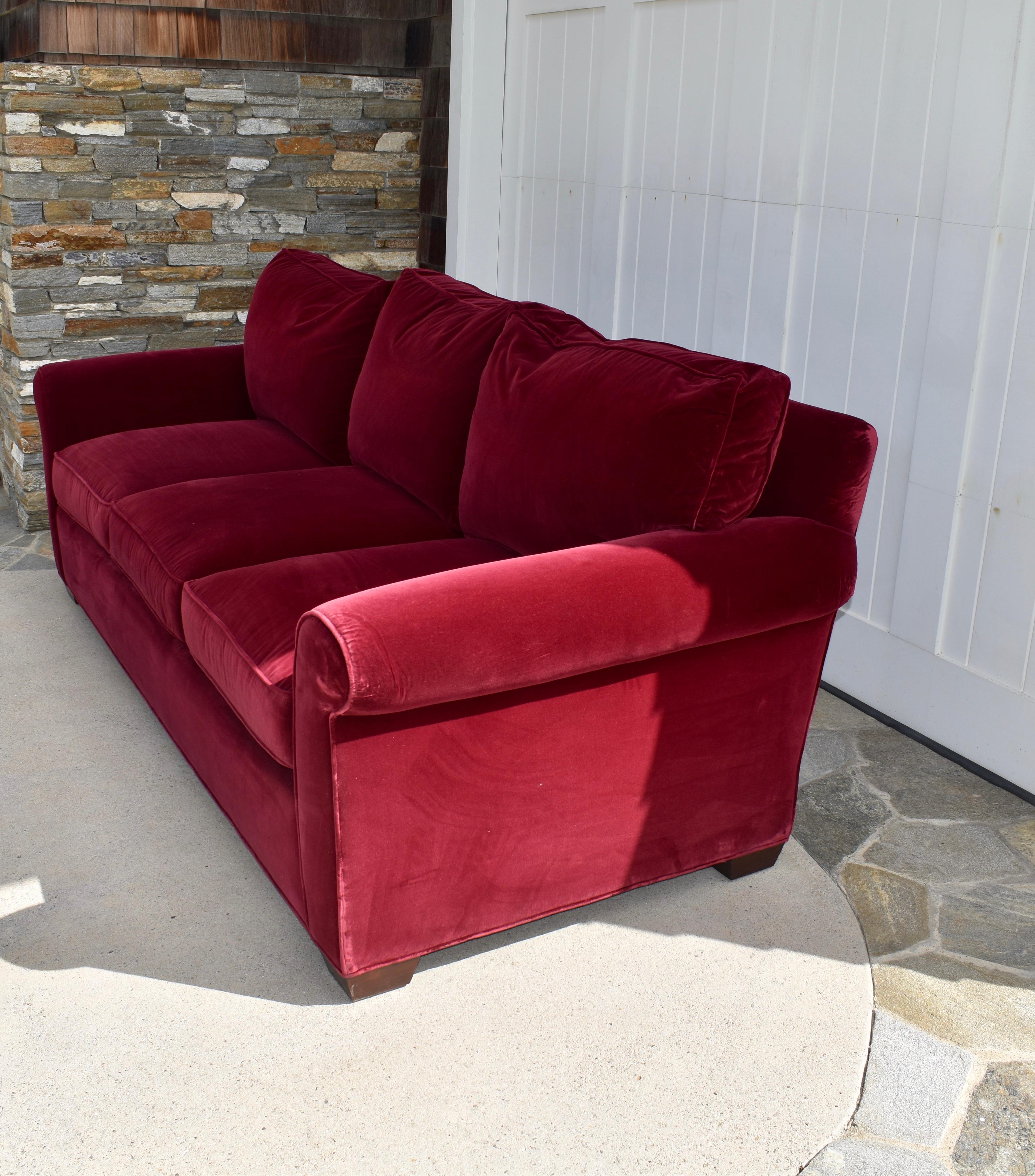 Late 20th Century Red Velvet Custom Built Decorator Three Seat Sofa