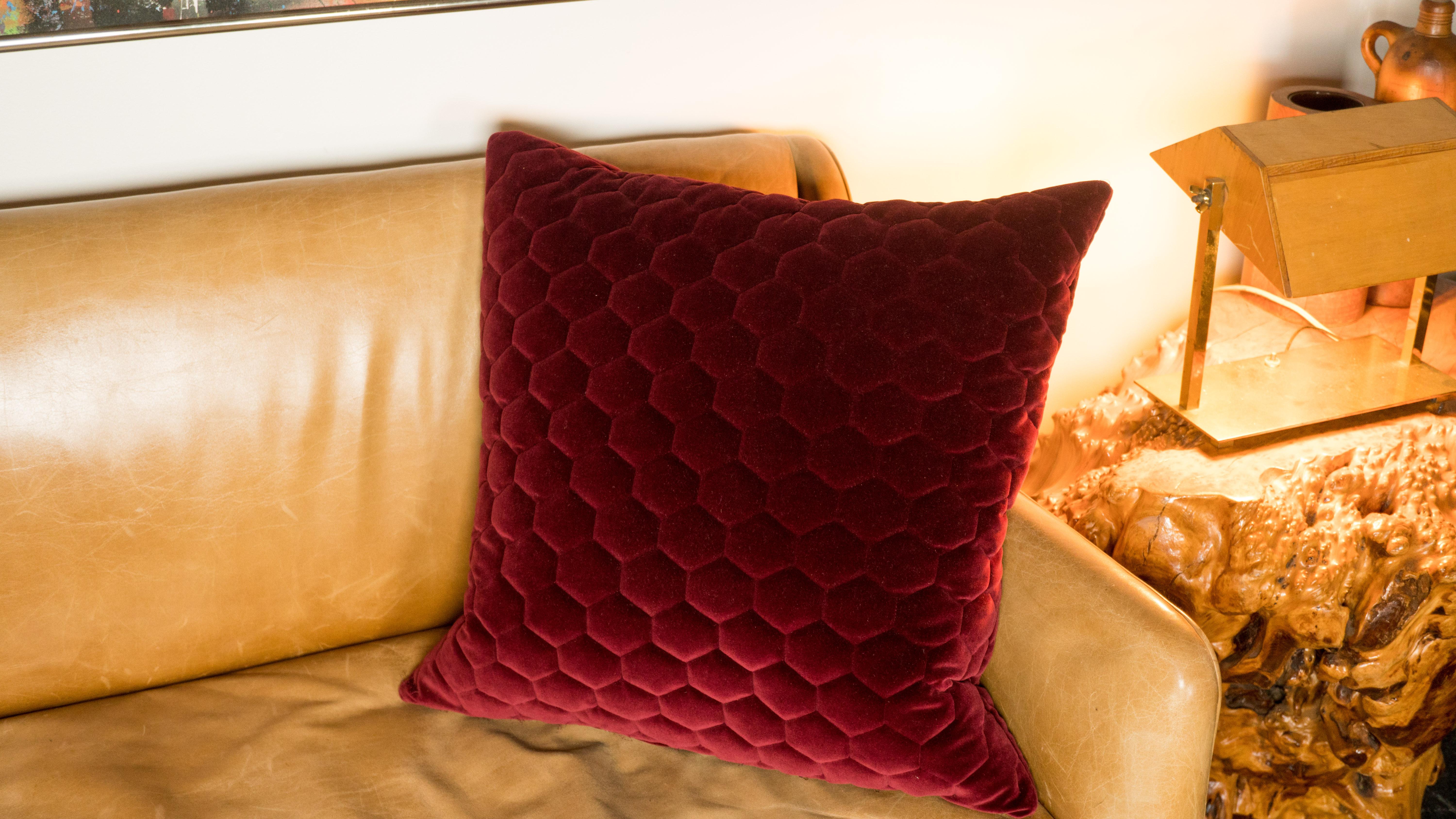 Modern Red Velvet Custom Made Geometrical Pillows - a Pair For Sale